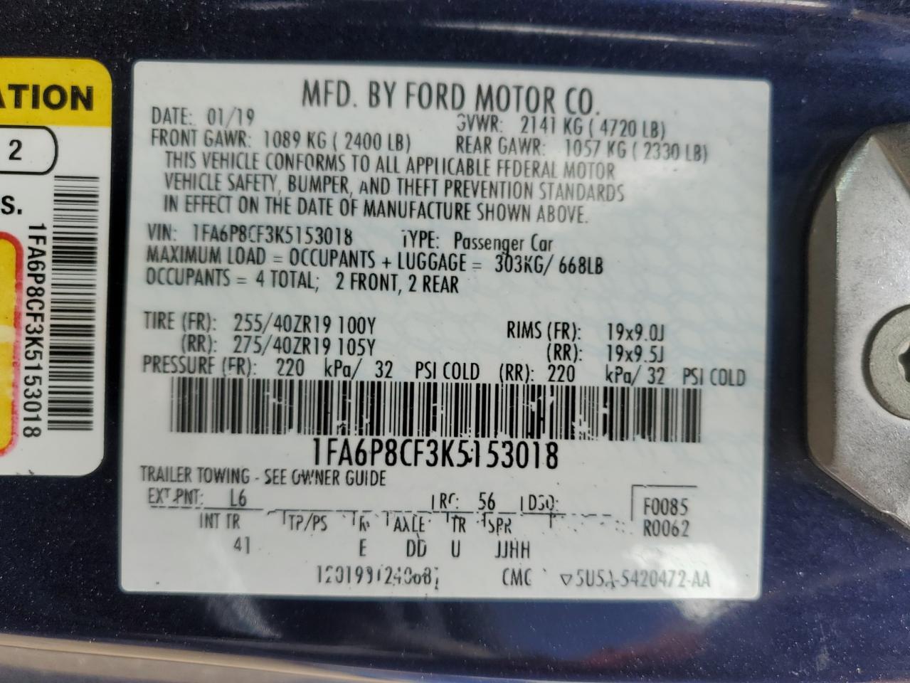 2019 Ford Mustang Gt VIN: 1FA6P8CF3K5153018 Lot: 85600455