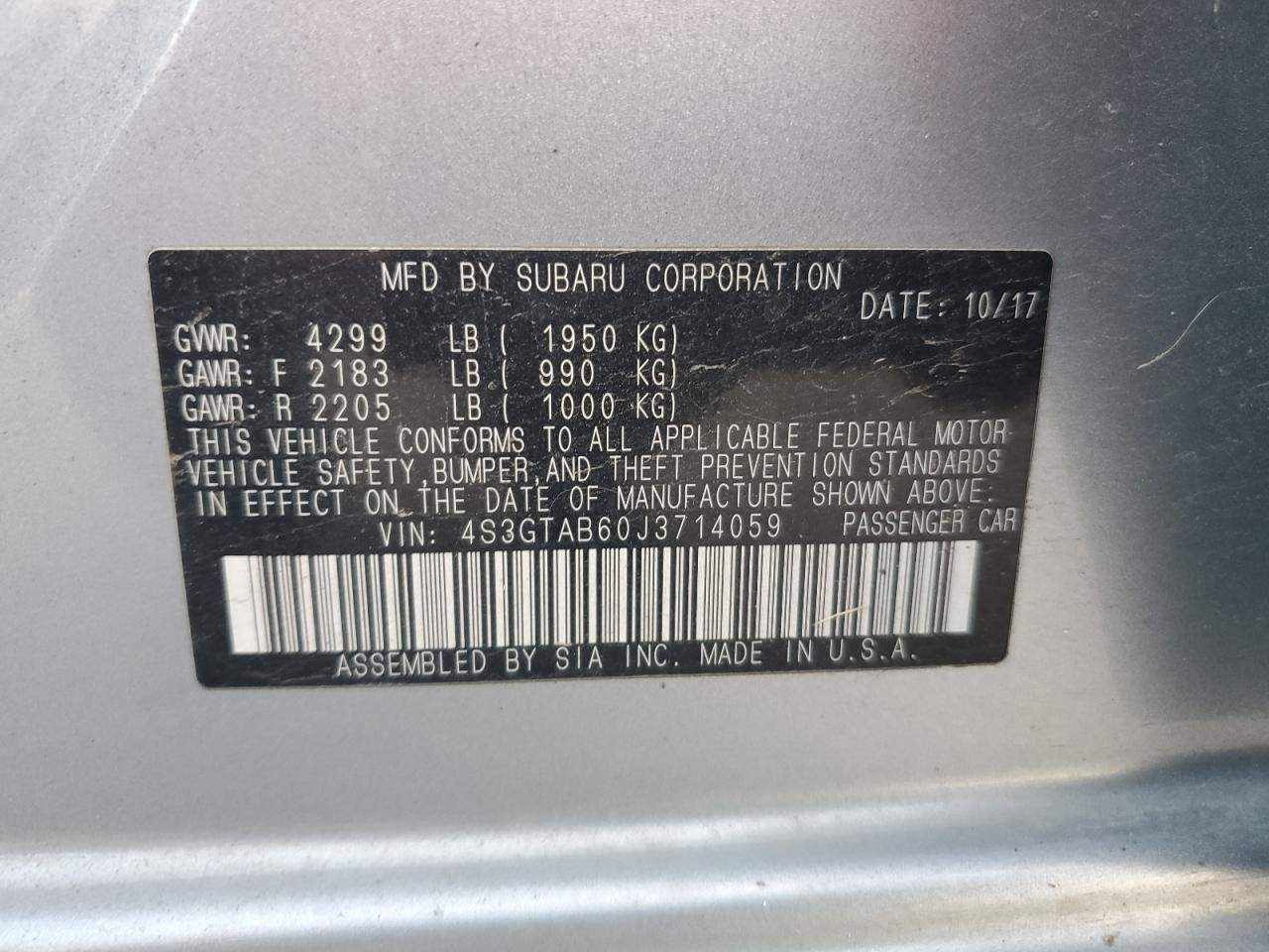 2018 Subaru Impreza Premium VIN: 4S3GTAB60J3714059 Lot: 85872225