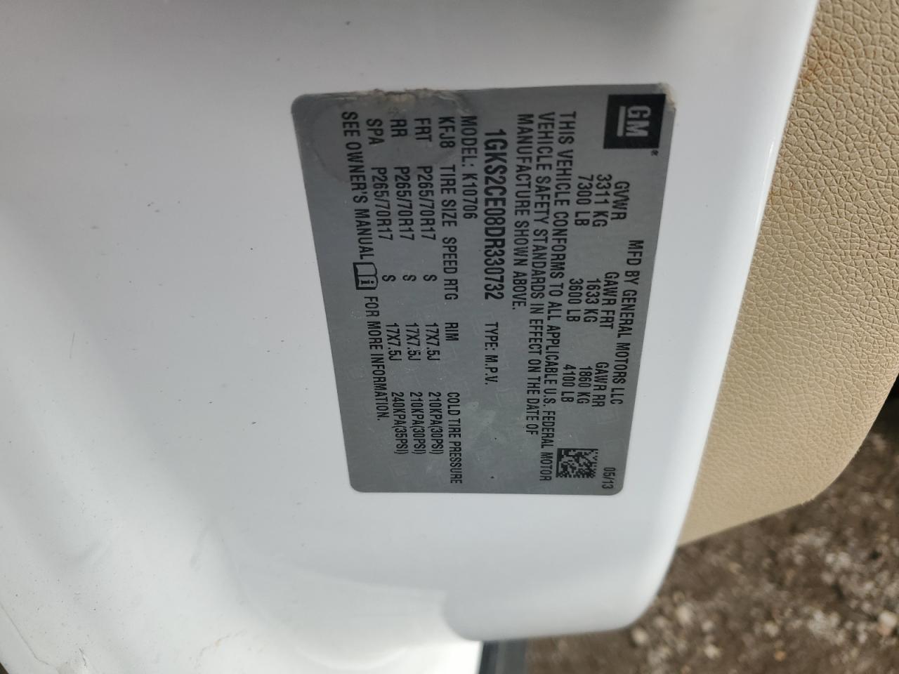 2013 GMC Yukon Slt VIN: 1GKS2CE08DR330732 Lot: 90123155