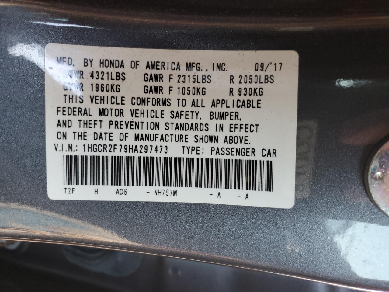 2017 Honda Accord Ex VIN: 1HGCR2F79HA297473 Lot: 86504365