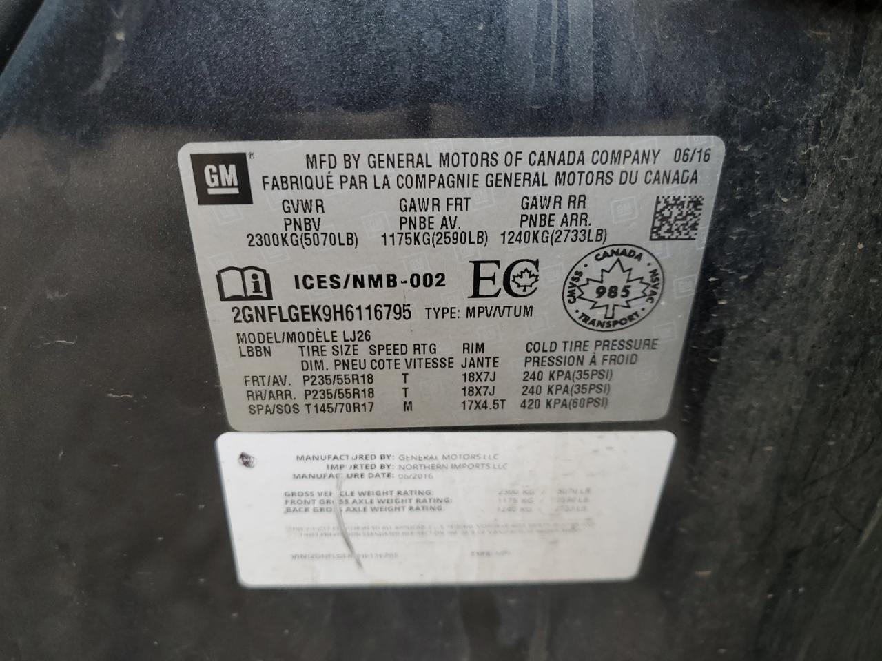 2017 Chevrolet Equinox Premier VIN: 2GNFLGEK9H6116795 Lot: 85575495