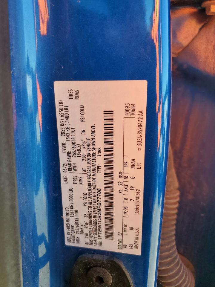 2021 Ford F150 Supercrew VIN: 1FTEW1CB2MFB77708 Lot: 89622125