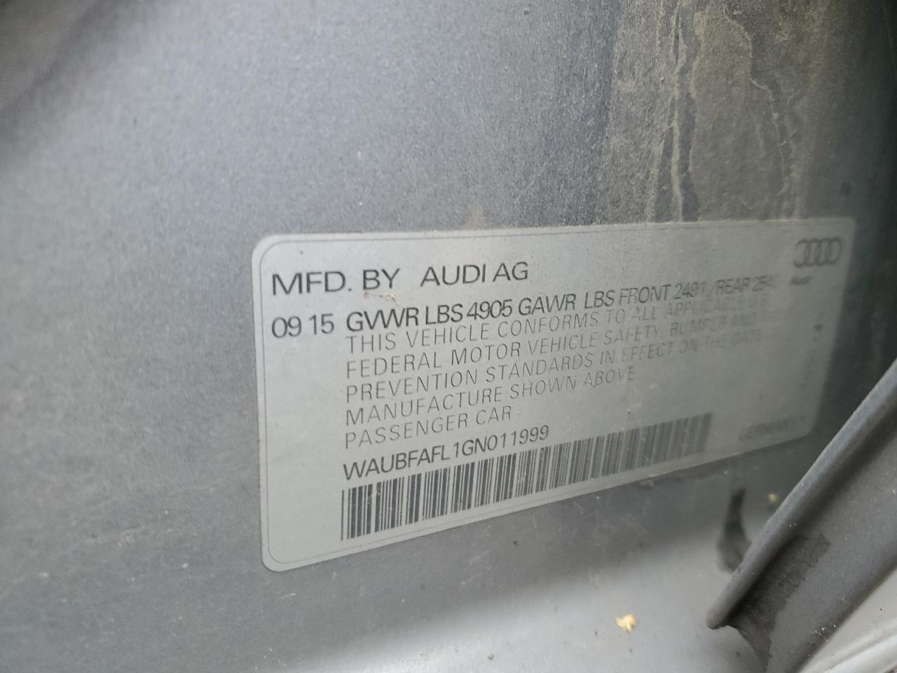 2016 Audi A4 Premium S-Line VIN: WAUBFAFL1GN011999 Lot: 90711255