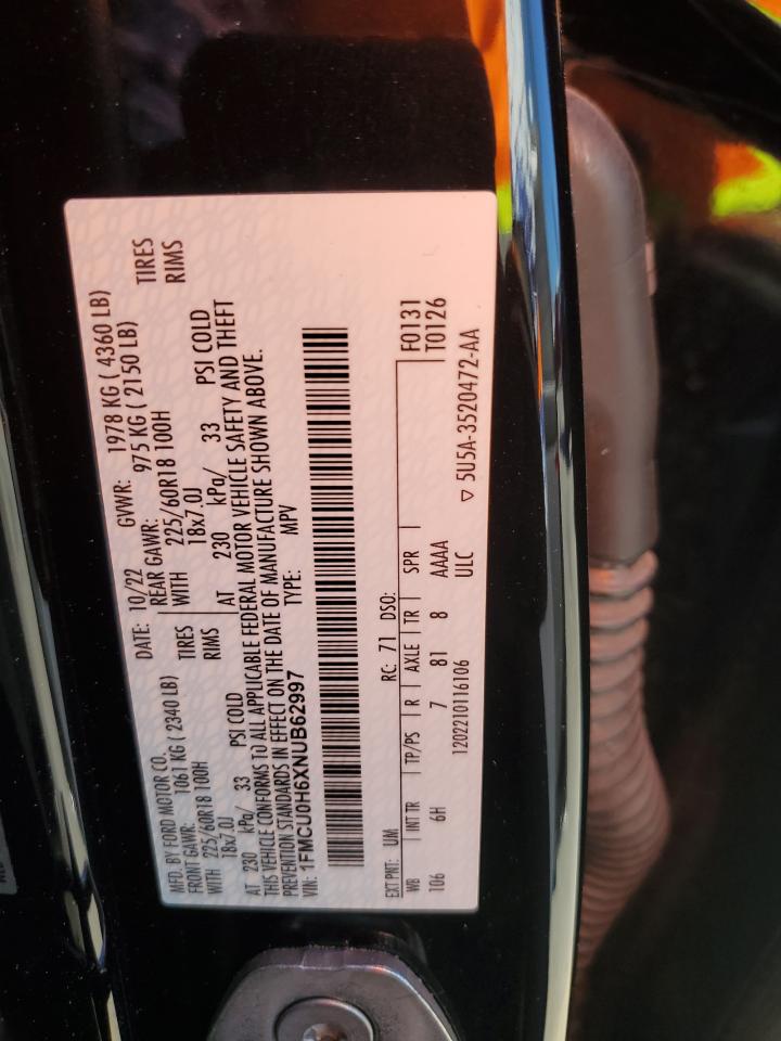 2022 Ford Escape Sel VIN: 1FMCU0H6XNUB62997 Lot: 90397575