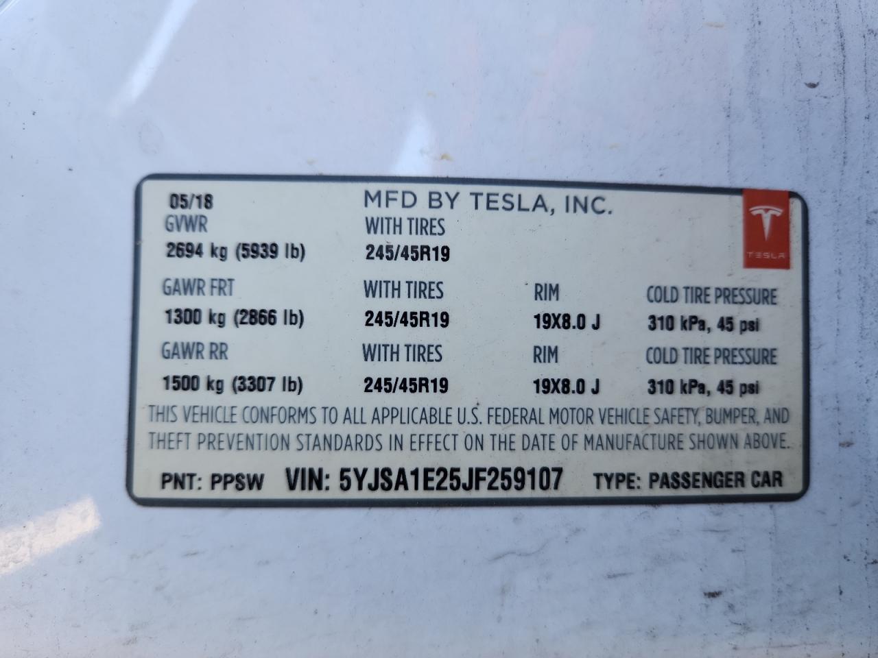 2018 Tesla Model S VIN: 5YJSA1E25JF259107 Lot: 86883015