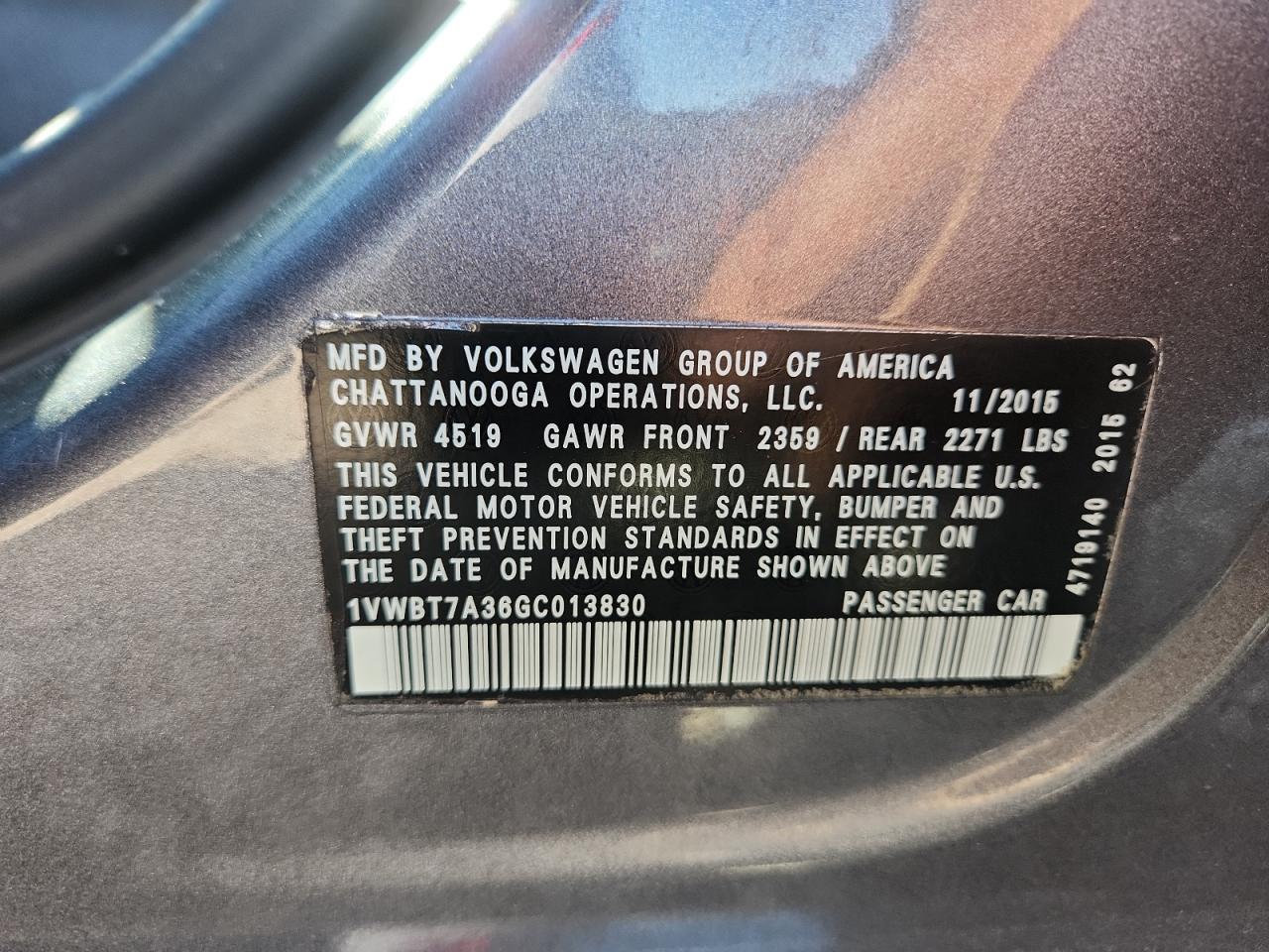 2016 Volkswagen Passat Se VIN: 1VWBT7A36GC013830 Lot: 82271595