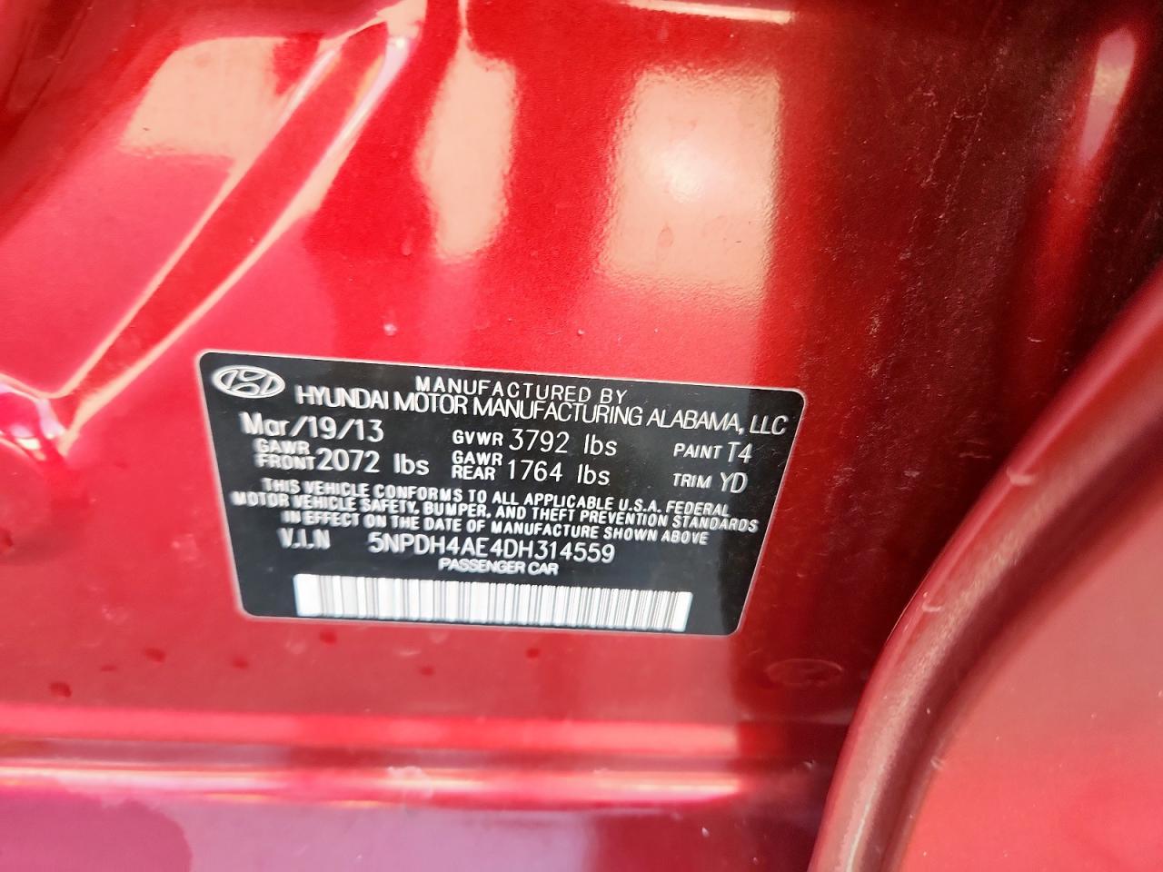 2013 Hyundai Elantra Gls VIN: 5NPDH4AE4DH314559 Lot: 85095675