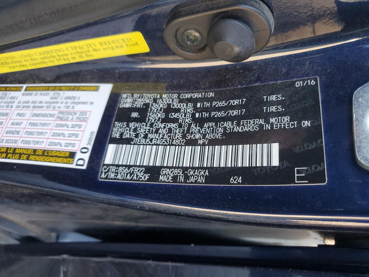 2016 Toyota 4Runner Sr5/Sr5 Premium VIN: JTEBU5JR4G5314802 Lot: 86088045