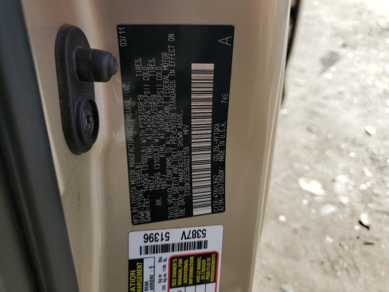 2011 Toyota Sienna Xle VIN: 5TDDK3DC5BS022156 Lot: 87451465