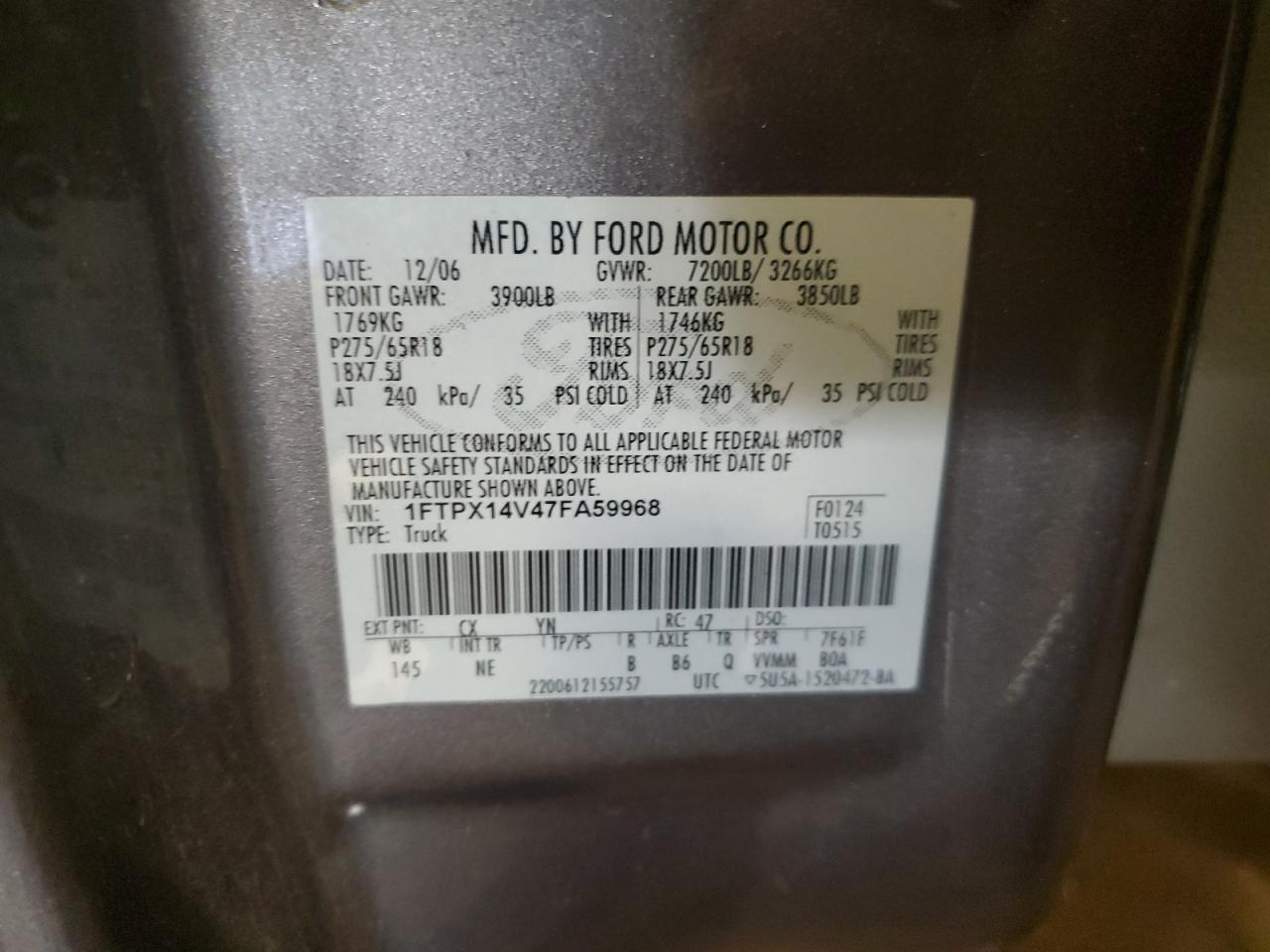 2007 Ford F150 VIN: 1FTPX14V47FA59968 Lot: 86500135