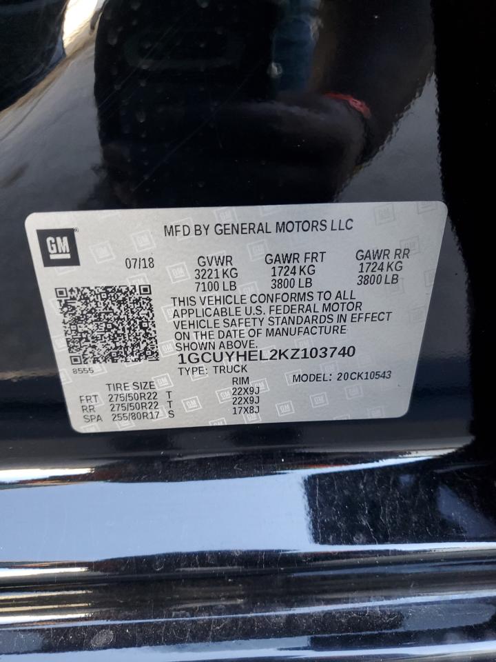 2019 Chevrolet Silverado K1500 High Country VIN: 1GCUYHEL2KZ103740 Lot: 86252625