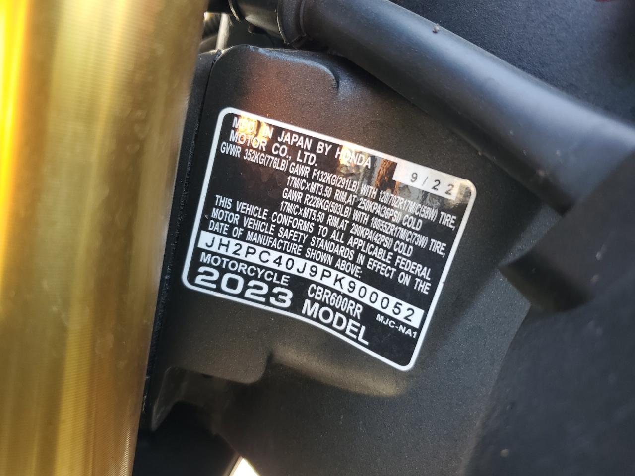 2023 Honda Cbr600 Rr VIN: JH2PC40J9PK900052 Lot: 90469515