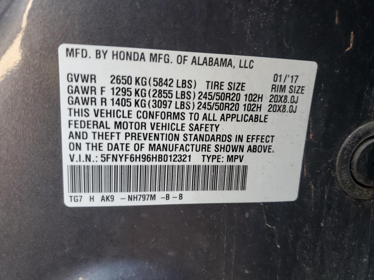 2017 Honda Pilot Touring VIN: 5FNYF6H96HB012321 Lot: 85910375