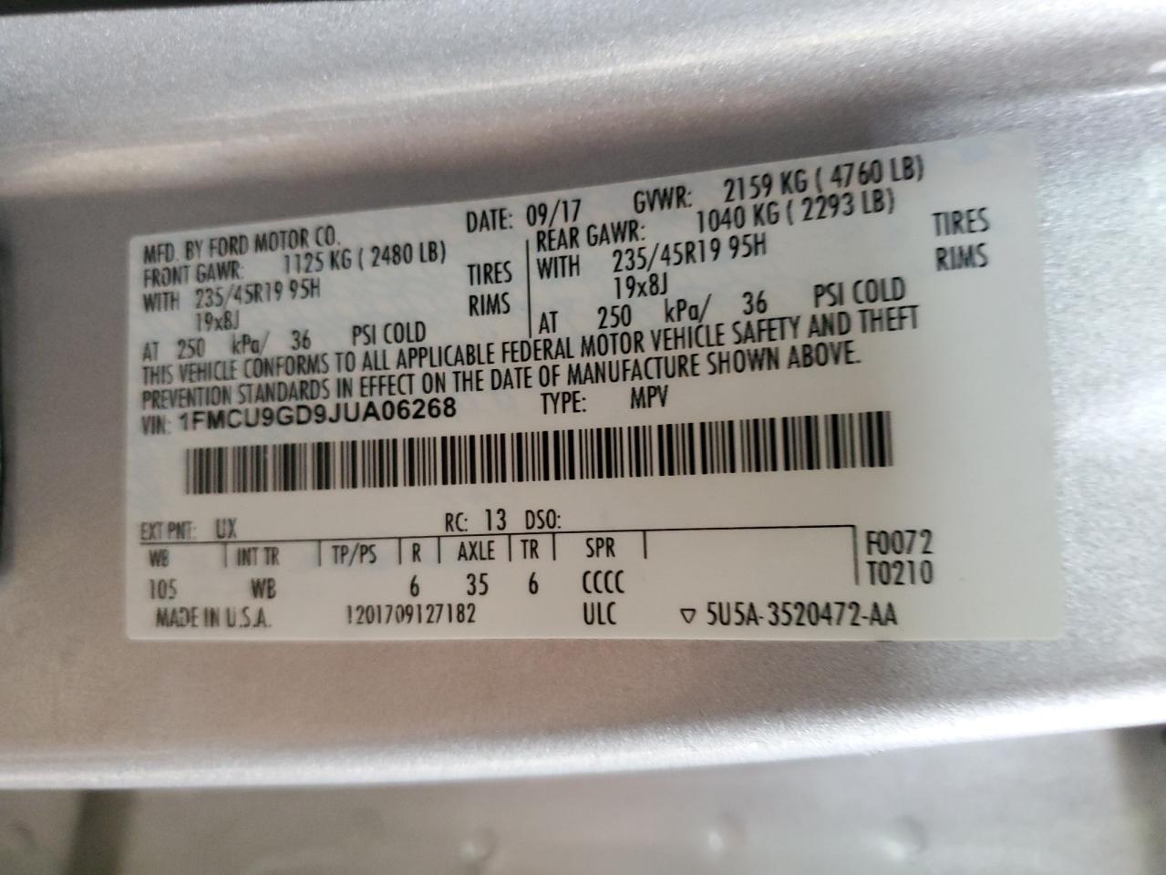 2018 Ford Escape Se VIN: 1FMCU9GD9JUA06268 Lot: 90476145