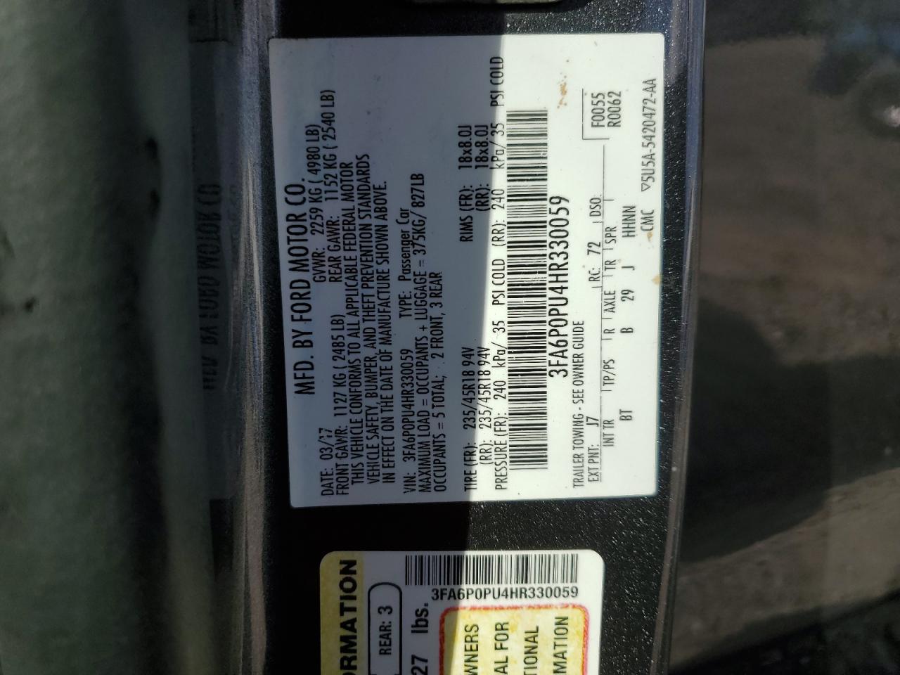 2017 Ford Fusion Se Phev VIN: 3FA6P0PU4HR330059 Lot: 85334645