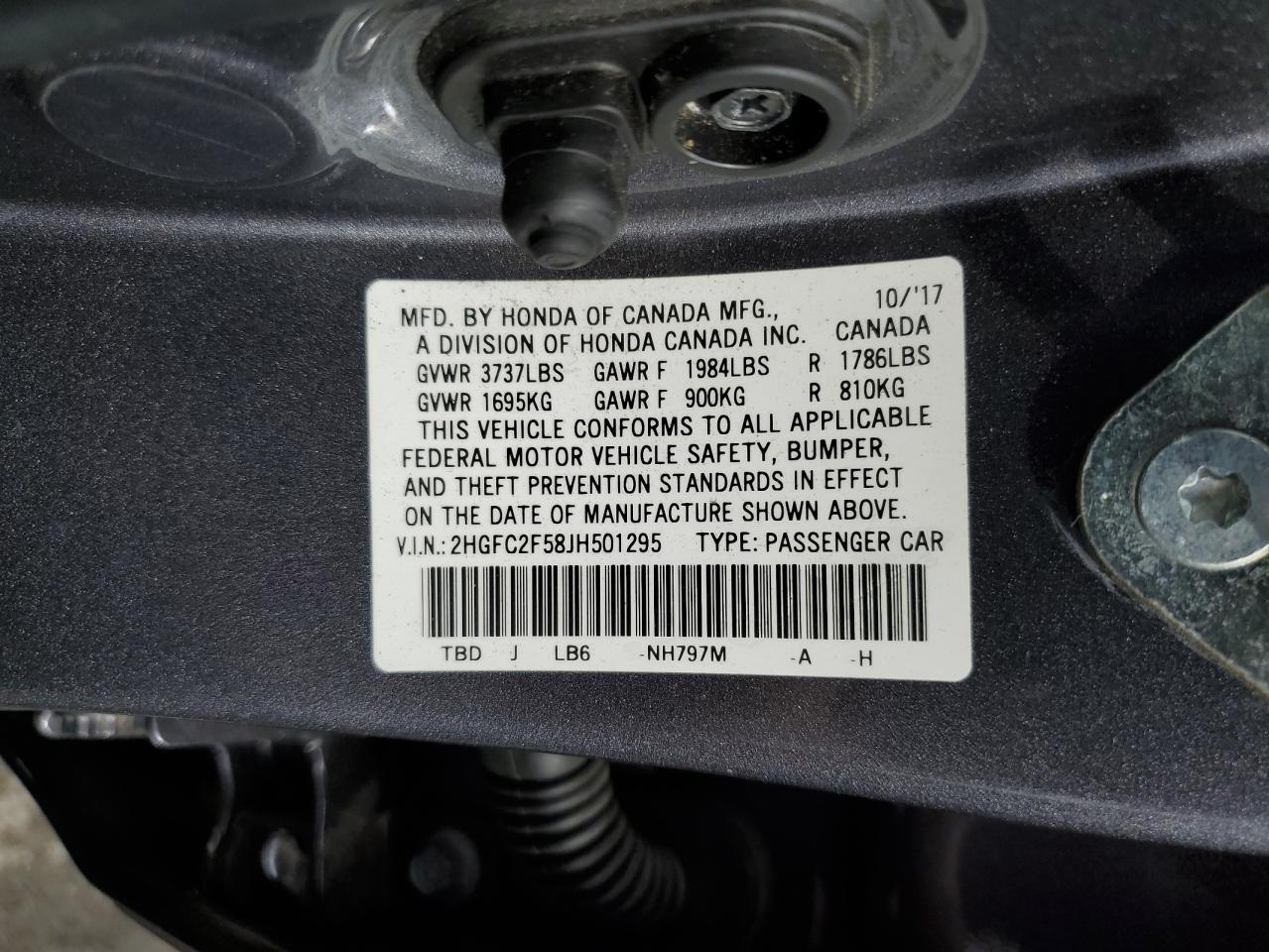 2018 Honda Civic Lx VIN: 2HGFC2F58JH501295 Lot: 89683015