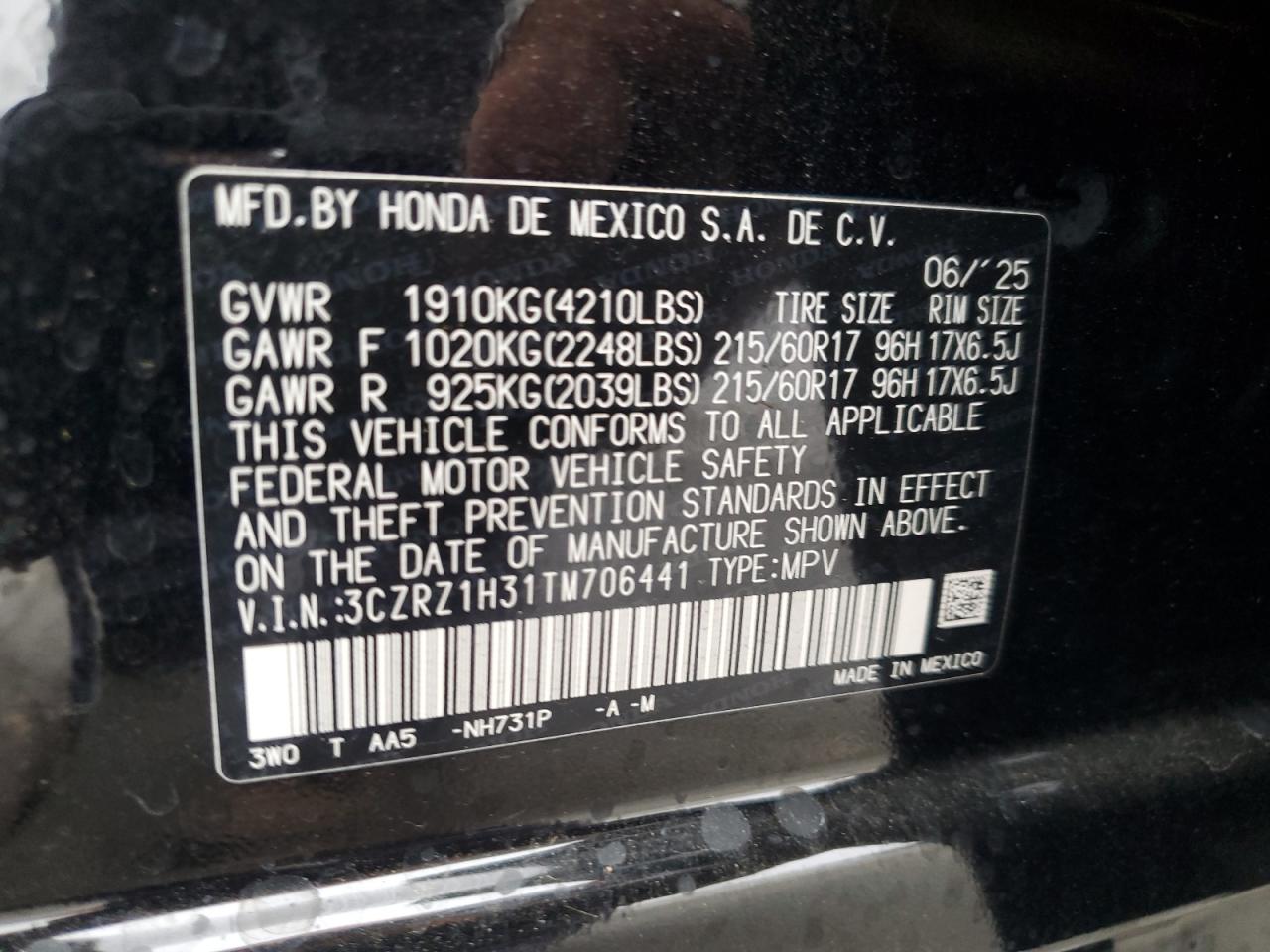 2026 Honda Hr-V Lx VIN: 3CZRZ1H31TM706441 Lot: 85703095