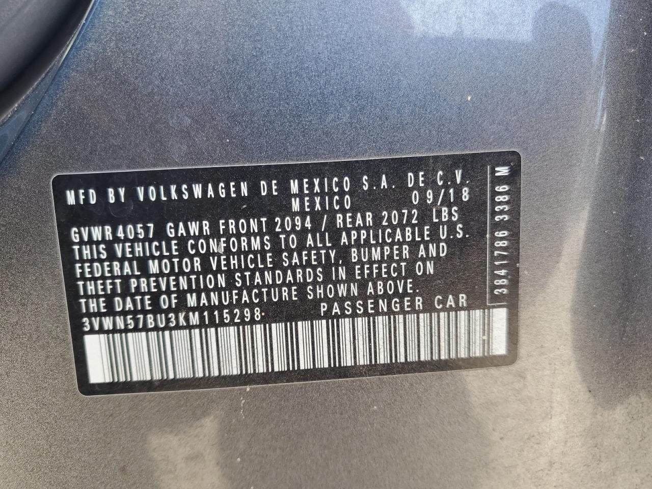 2019 Volkswagen Jetta S VIN: 3VWN57BU3KM115298 Lot: 85778925