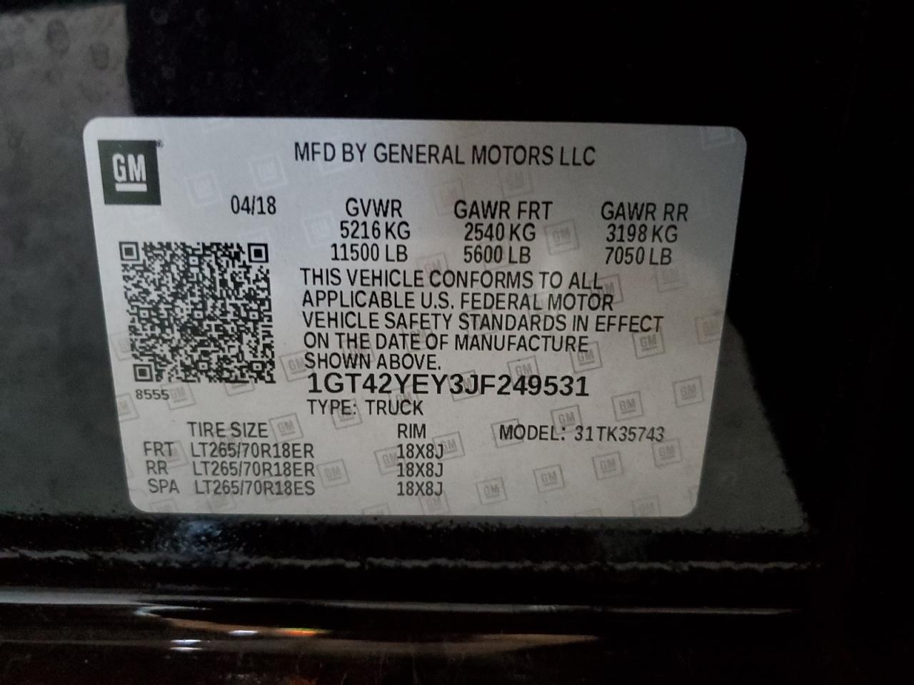 2018 GMC Sierra K3500 Denali VIN: 1GT42YEY3JF249531 Lot: 84432425