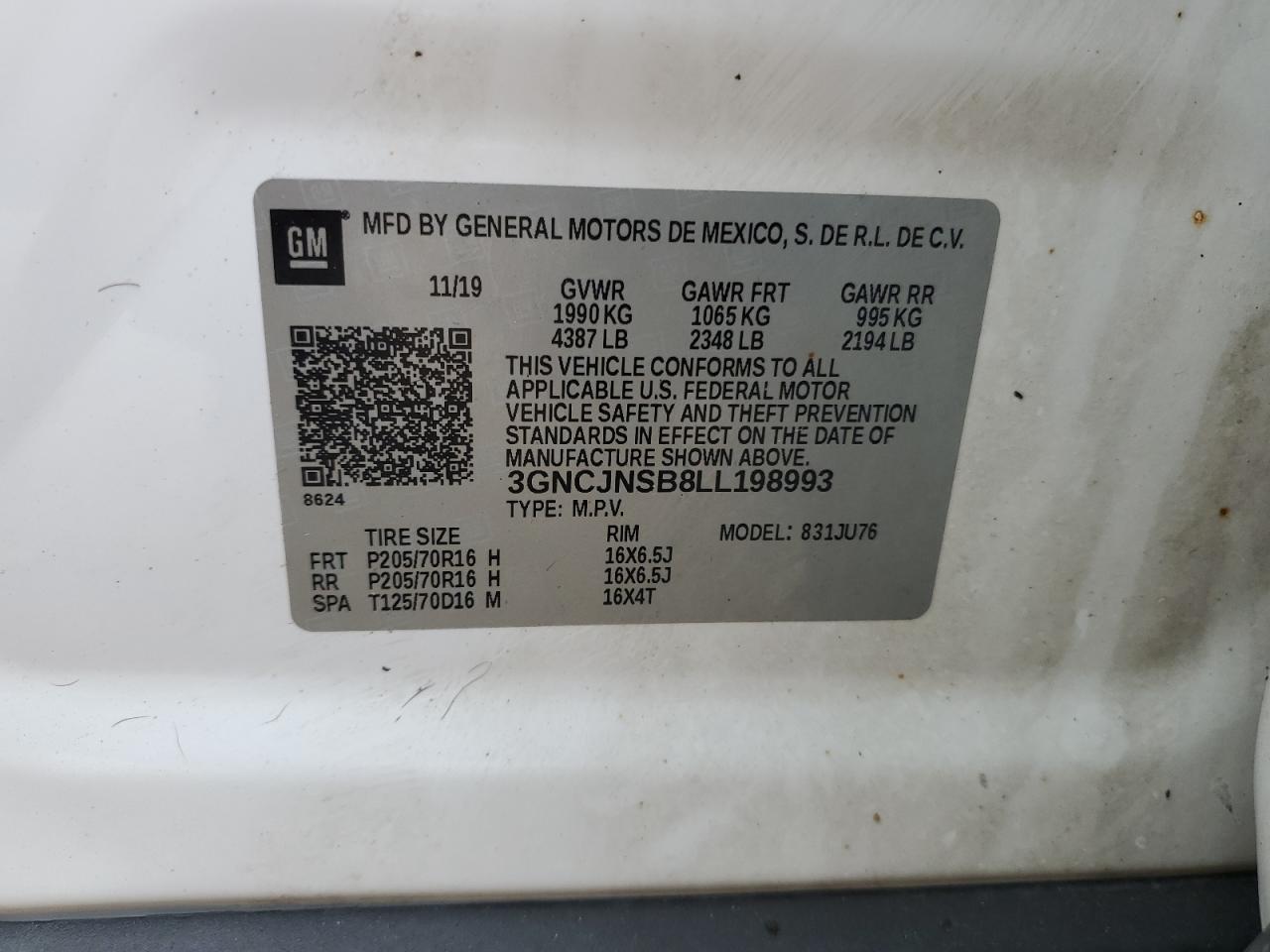 2020 Chevrolet Trax Ls VIN: 3GNCJNSB8LL198993 Lot: 87290655