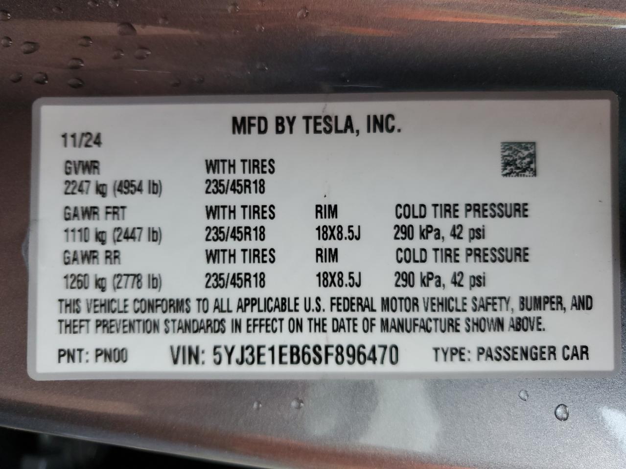 2025 Tesla Model 3 VIN: 5YJ3E1EB6SF896470 Lot: 86499865
