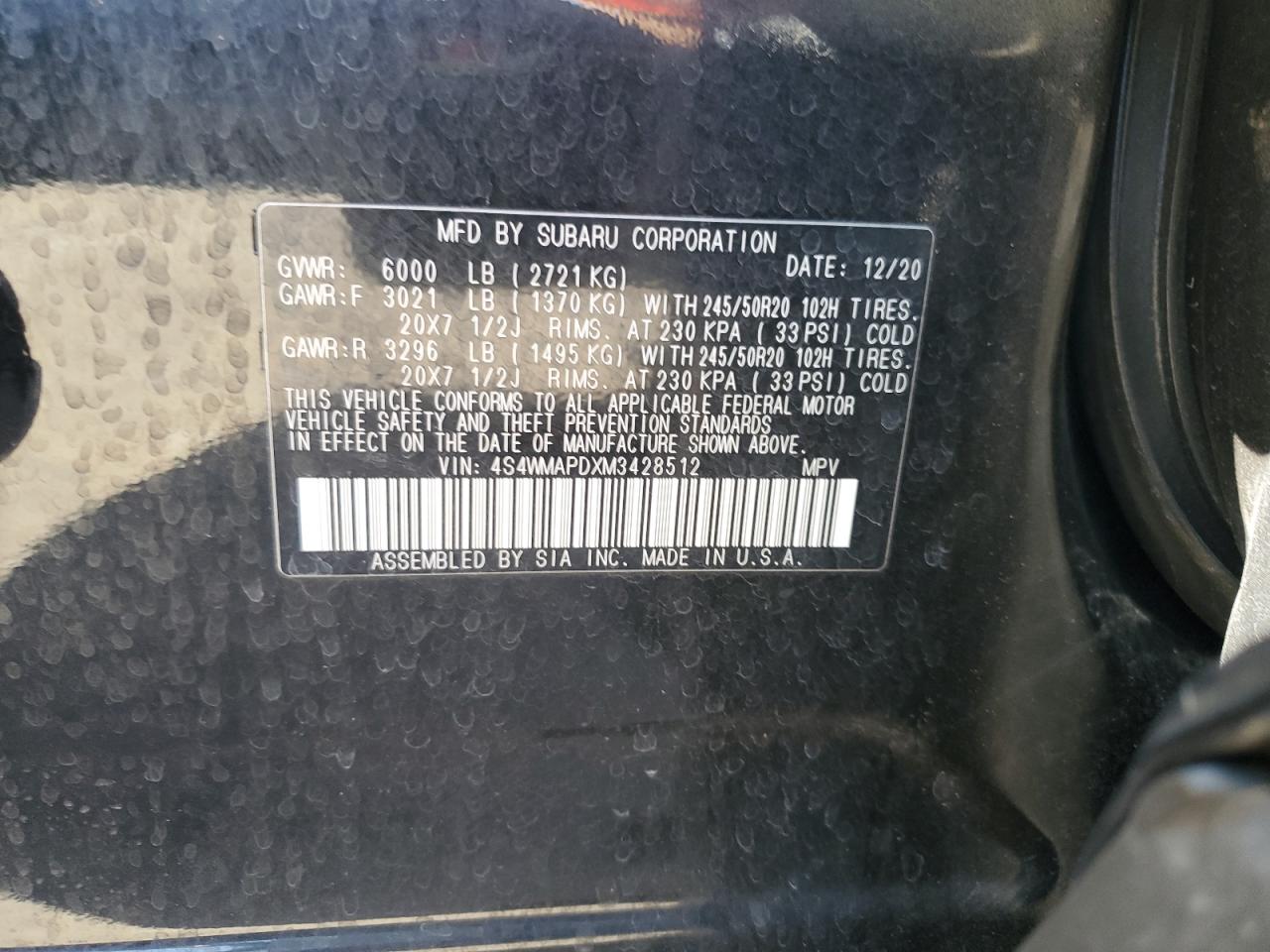 2021 Subaru Ascent Limited VIN: 4S4WMAPDXM3428512 Lot: 86248585