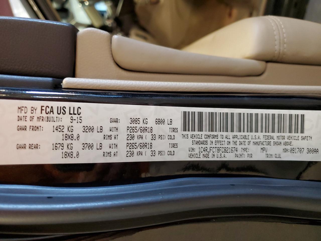 2015 Jeep Grand Cherokee Overland VIN: 1C4RJFCT8FC821674 Lot: 85530155