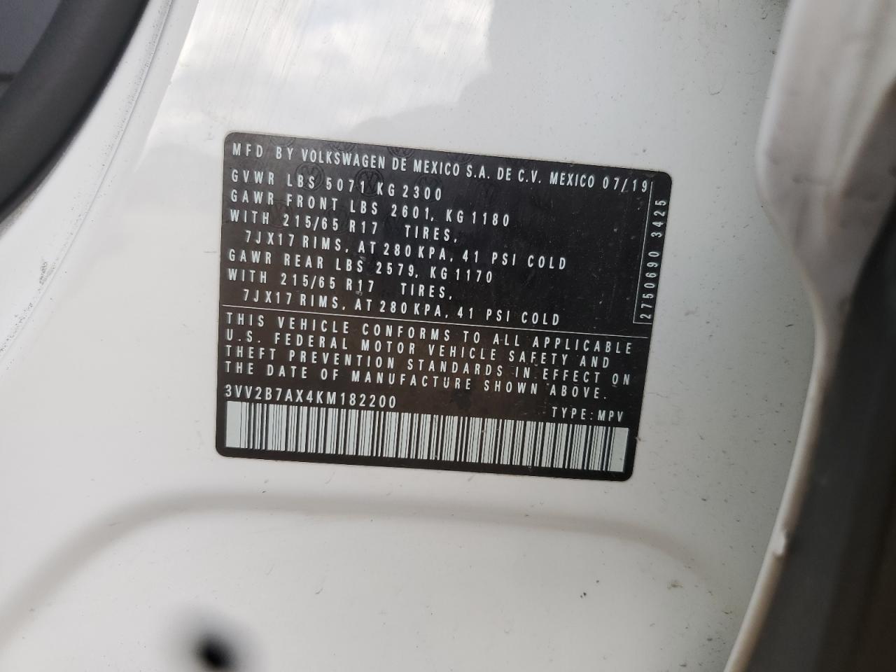 2019 Volkswagen Tiguan Se VIN: 3VV2B7AX4KM182200 Lot: 84653415