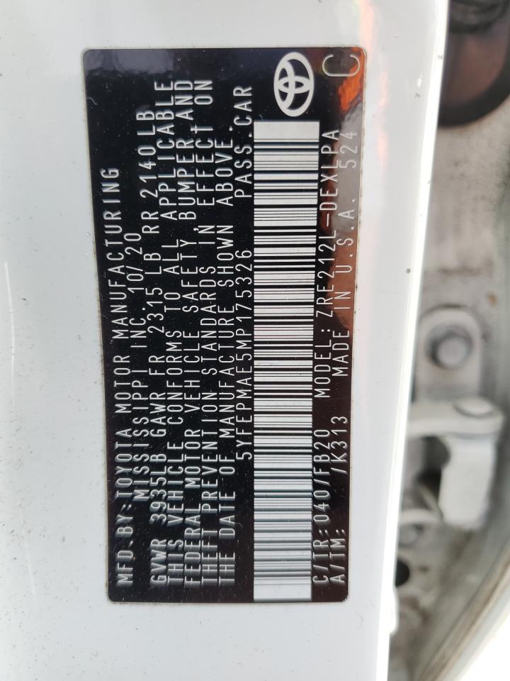 2021 Toyota Corolla Le VIN: 5YFEPMAE5MP175326 Lot: 84778825