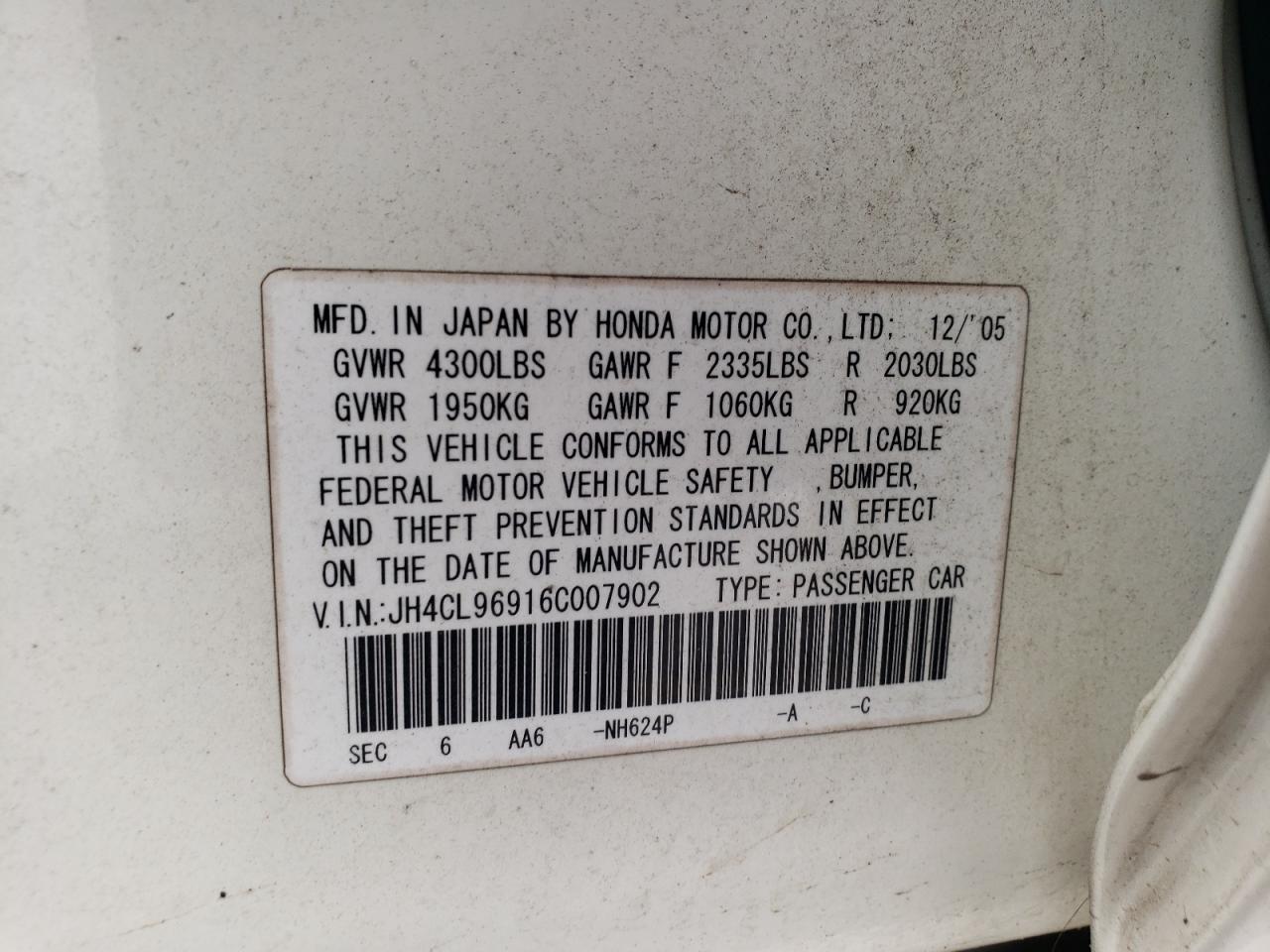 2006 Acura Tsx VIN: JH4CL96916C007902 Lot: 90396105