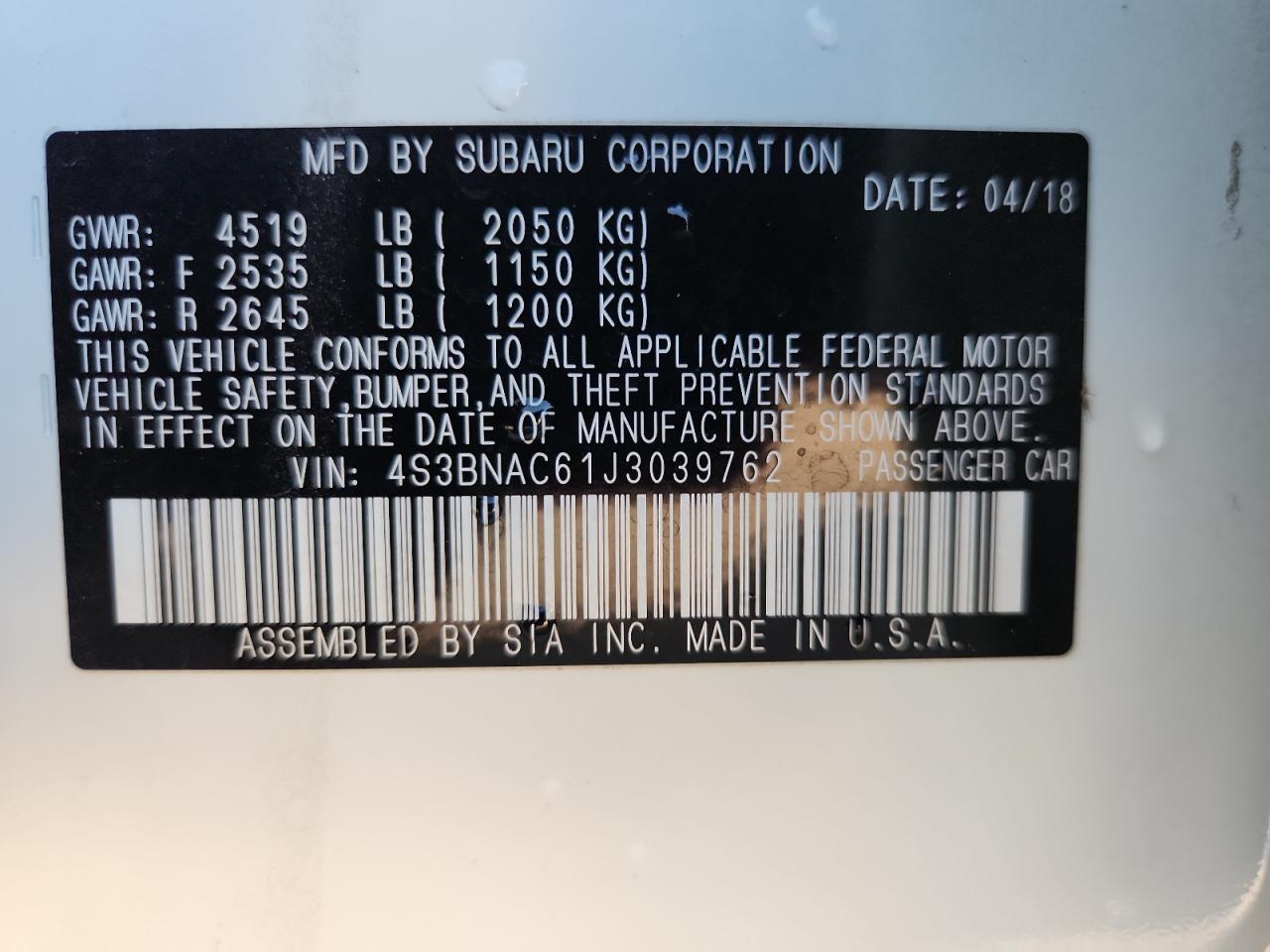 2018 Subaru Legacy 2.5I Premium VIN: 4S3BNAC61J3039762 Lot: 89725785