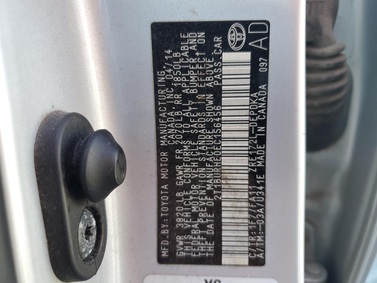 2014 Toyota Corolla L VIN: 2T1BURHE0EC156456 Lot: 84728965