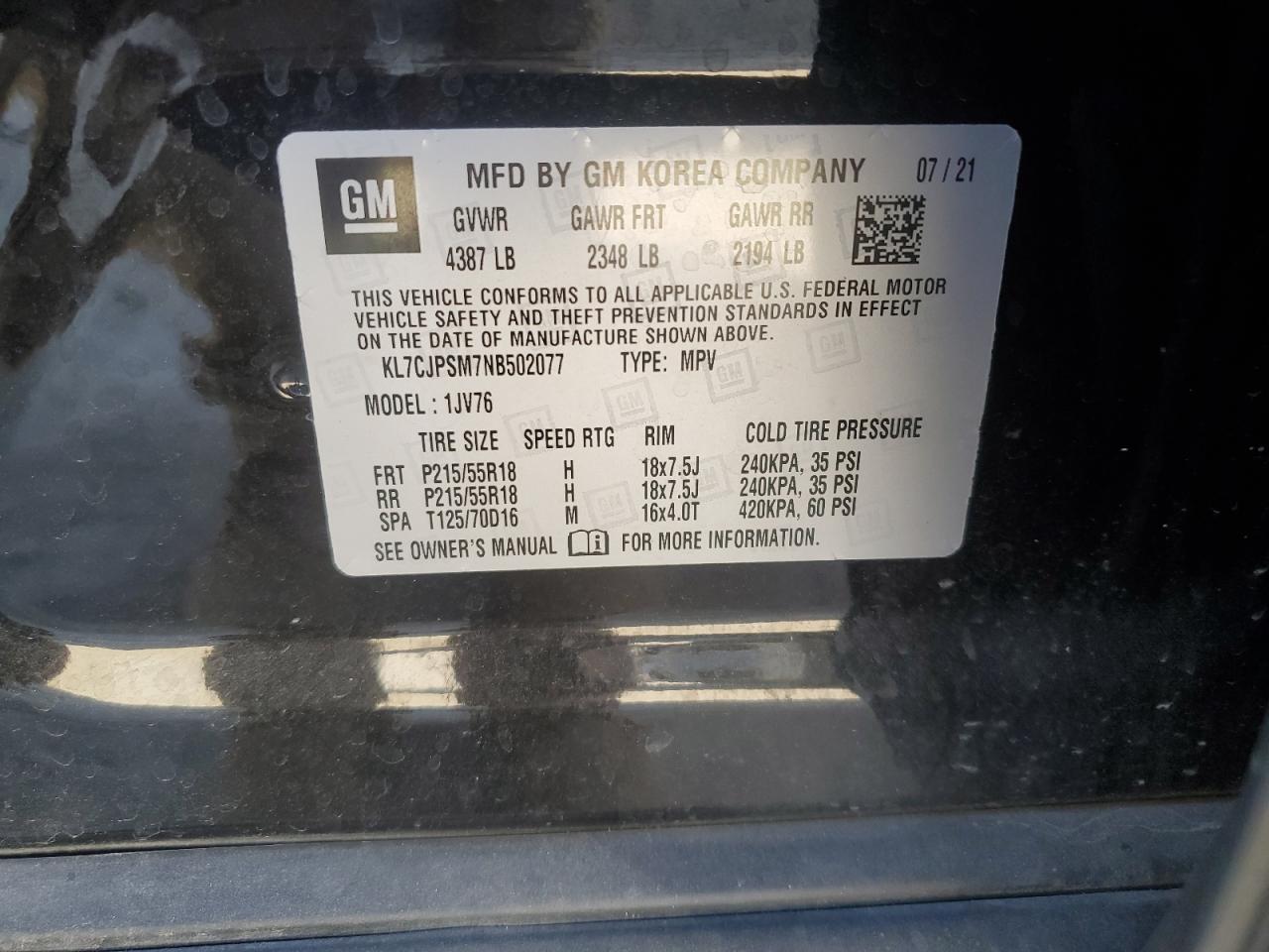 2022 Chevrolet Trax 1Lt VIN: KL7CJPSM7NB502077 Lot: 87396125