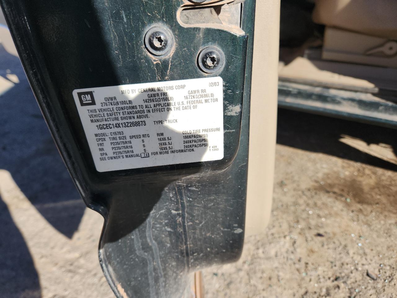 2003 Chevrolet Silverado C1500 VIN: 1GCEC14X13Z268873 Lot: 84986025