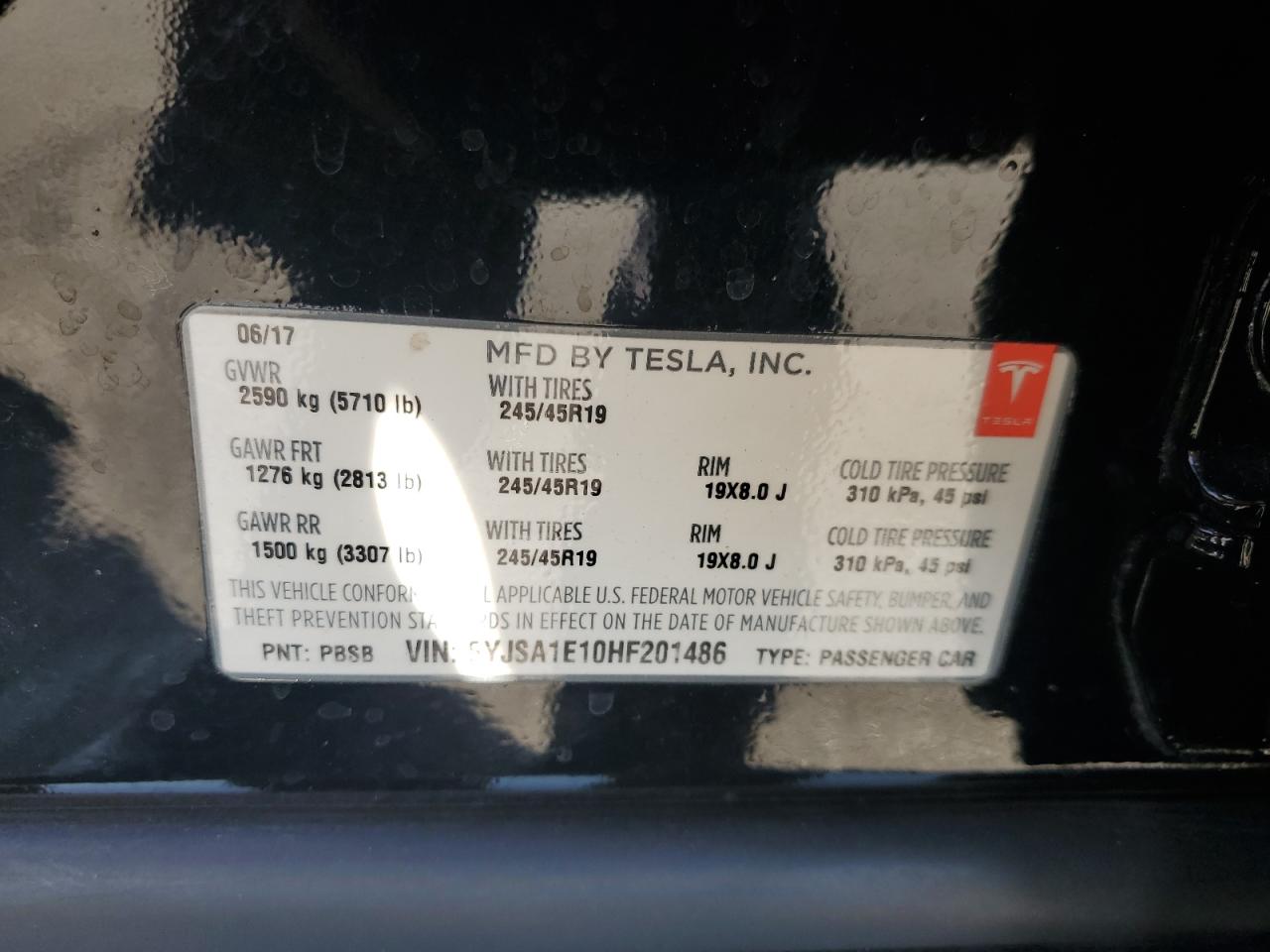 2017 Tesla Model S VIN: 5YJSA1E10HF201486 Lot: 82336825