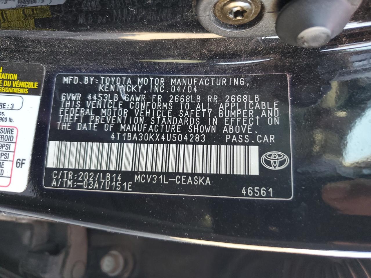 2004 Toyota Camry Se VIN: 4T1BA30KX4U504283 Lot: 82277295