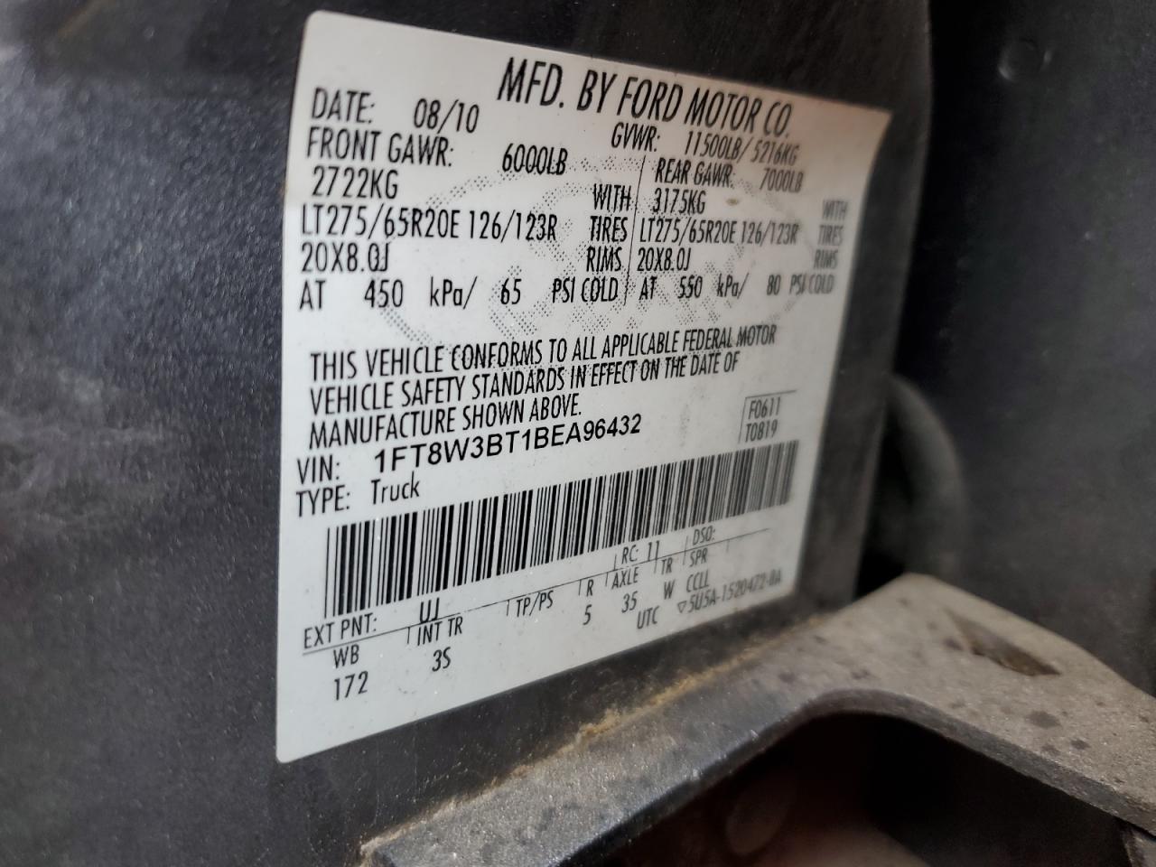 2011 Ford F350 Super Duty VIN: 1FT8W3BT1BEA96432 Lot: 86594245