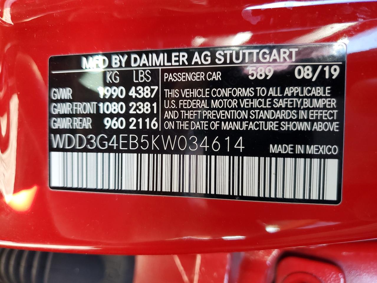 2019 Mercedes-Benz A 220 VIN: WDD3G4EB5KW034614 Lot: 85248985