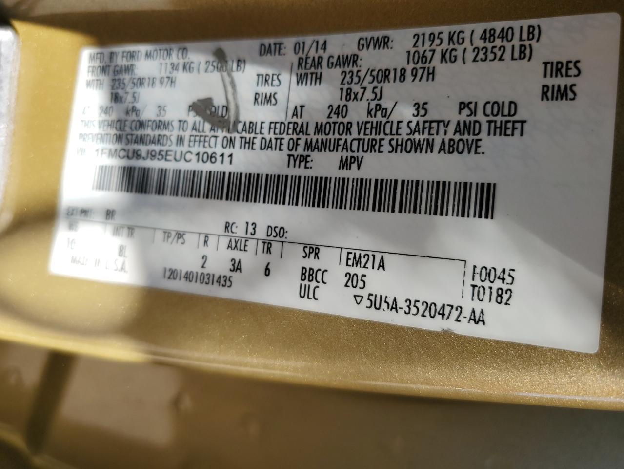 2014 Ford Escape Titanium VIN: 1FMCU9J95EUC10611 Lot: 82487175