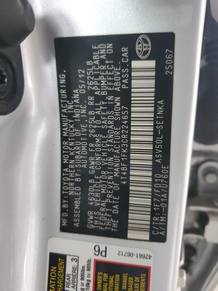 2012 Toyota Camry Base VIN: 4T4BF1FK3CR224657 Lot: 81950955