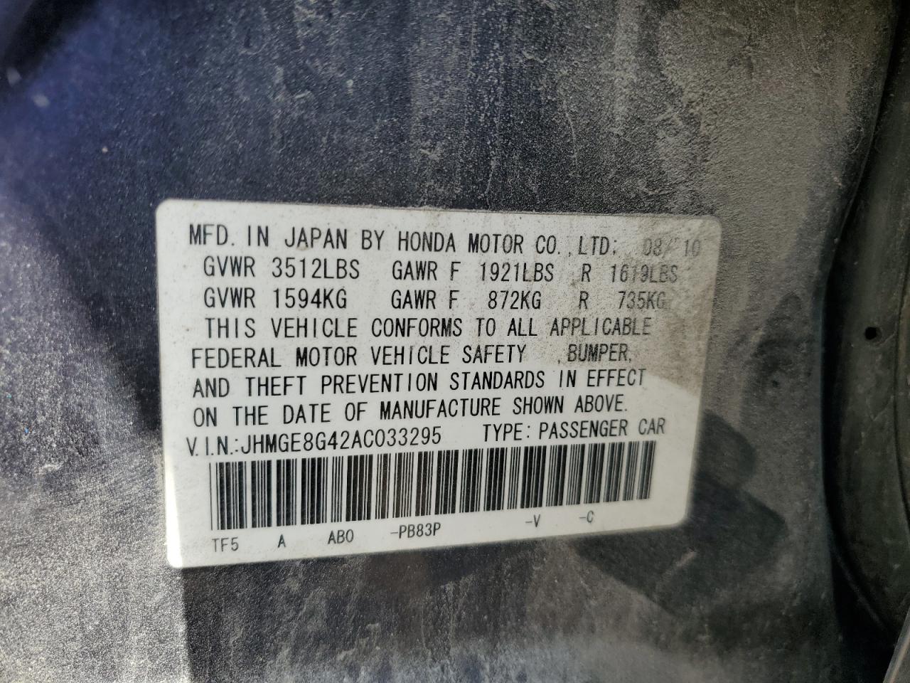 2010 Honda Fit Sport VIN: JHMGE8G42AC033295 Lot: 85325005