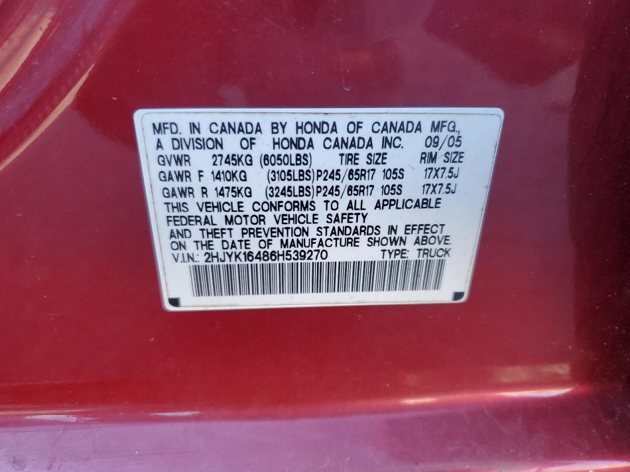 2006 Honda Ridgeline Rts VIN: 2HJYK16486H539270 Lot: 85950645