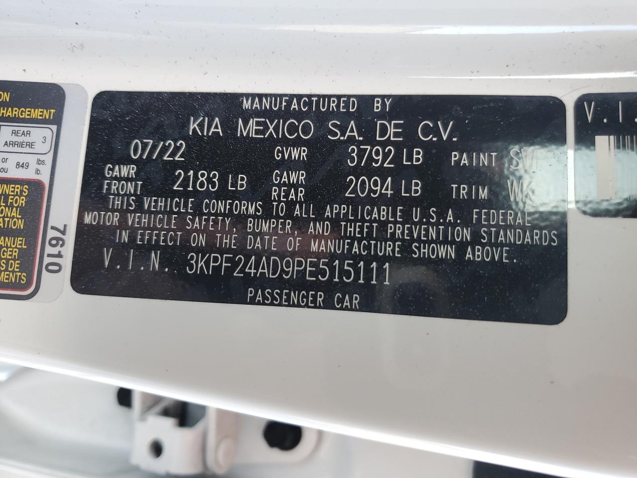 2023 Kia Forte Lx VIN: 3KPF24AD9PE515111 Lot: 84602085