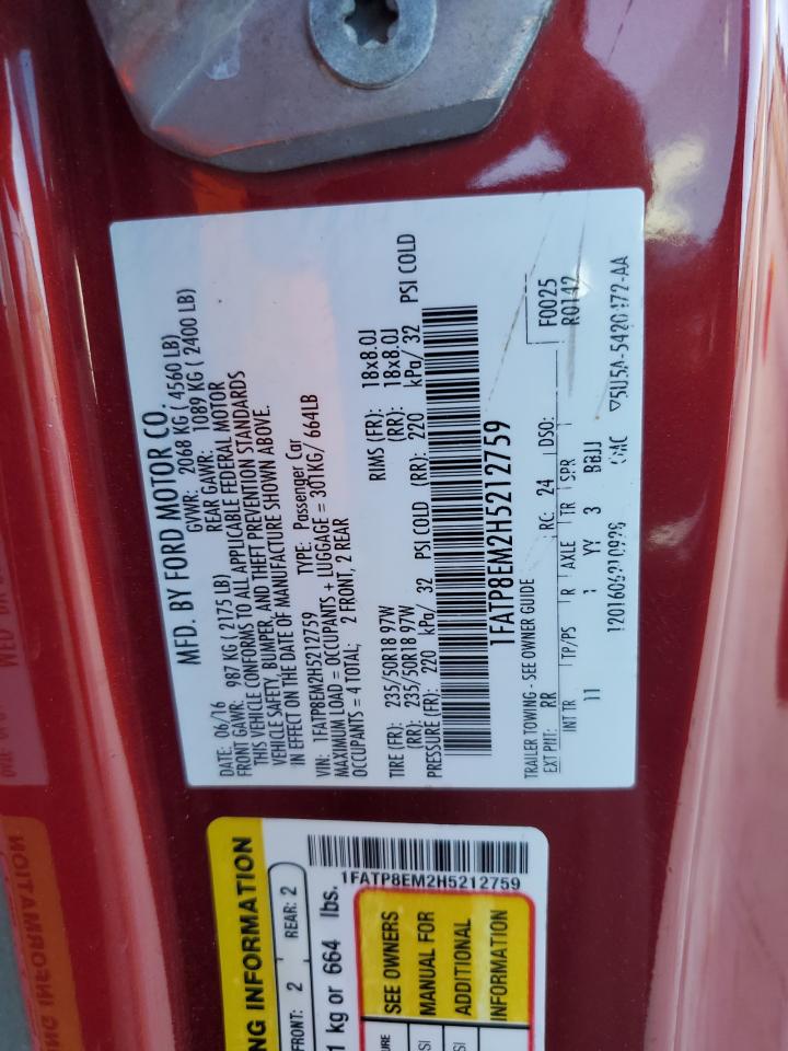 2017 Ford Mustang VIN: 1FATP8EM2H5212759 Lot: 87056945
