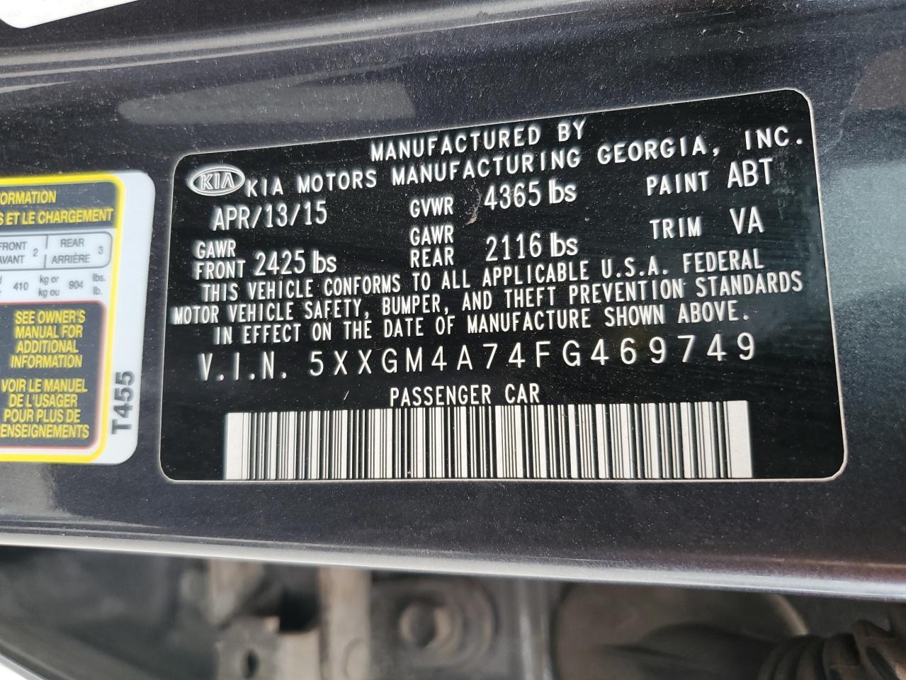 2015 Kia Optima Lx VIN: 5XXGM4A74FG469749 Lot: 85905795