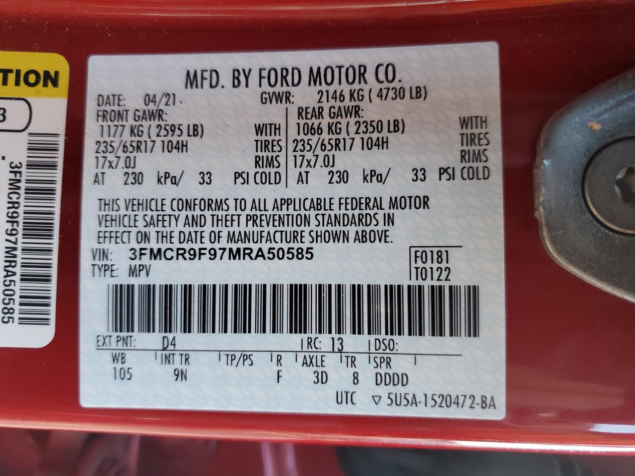 2021 Ford Bronco Sport First Edition VIN: 3FMCR9F97MRA50585 Lot: 81992955