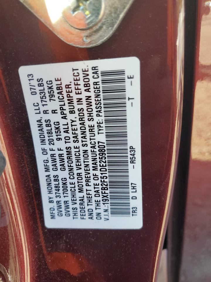 2013 Honda Civic Lx VIN: 19XFB2F51DE259807 Lot: 87461495