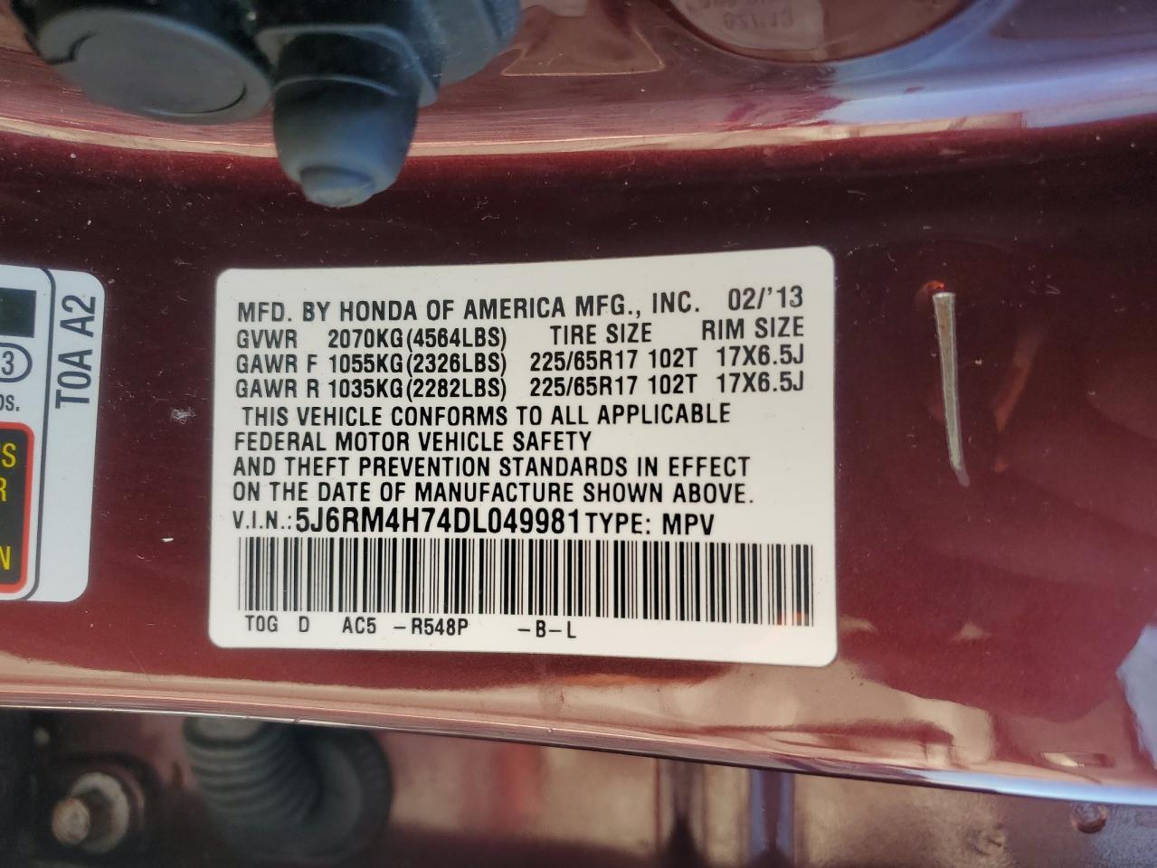 2013 Honda Cr-V Exl VIN: 5J6RM4H74DL049981 Lot: 86068315