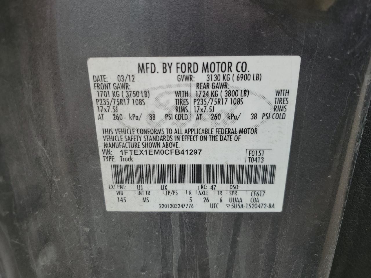 2012 Ford F150 Super Cab VIN: 1FTEX1EM0CFB41297 Lot: 84951605