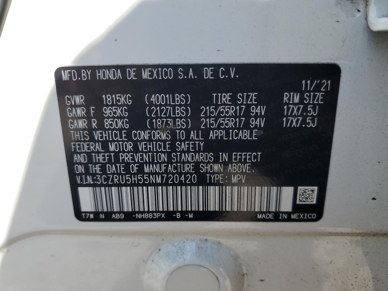 2022 Honda Hr-V Ex VIN: 3CZRU5H55NM720420 Lot: 82277945